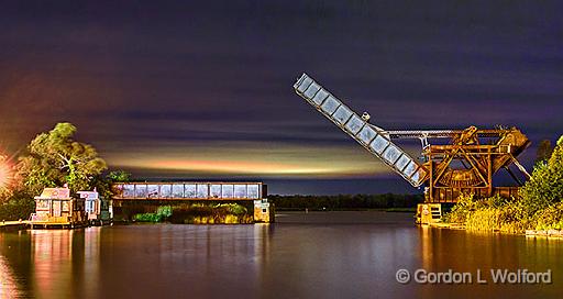 Scherzer Rolling Lift Bridge At Night_46059-62.jpg - A type of Bascule Bridge photographed along the Rideau Canal Waterway at Smiths Falls, Ontario, Canada.
